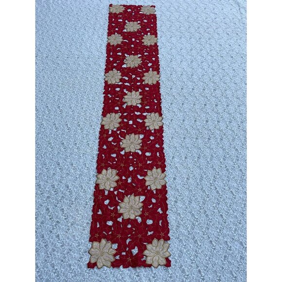 Christmas Flower Rectangular Embroidered Table Runner Red Gold Flower 68x12 - Picture 1 of 9
